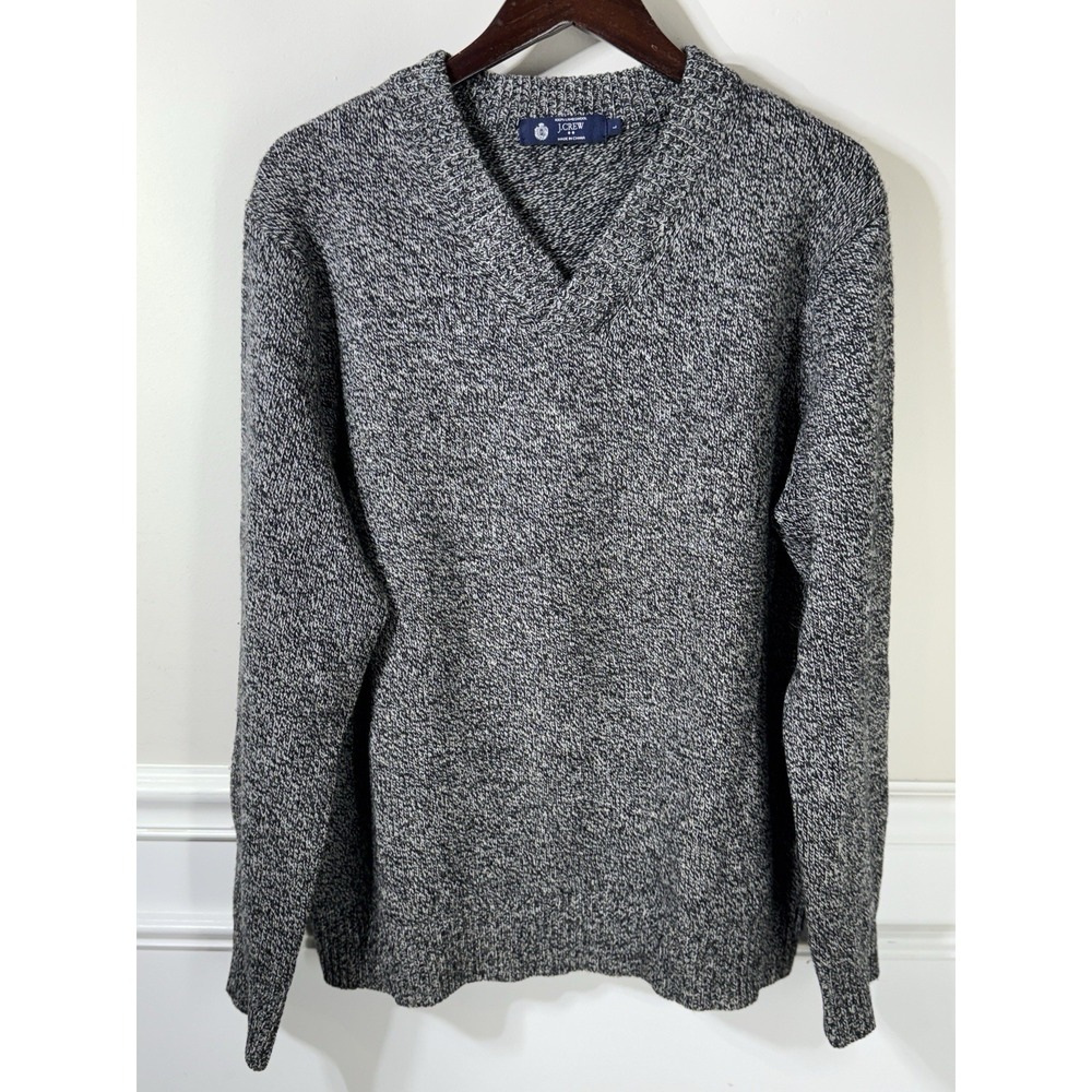 J.Crew Men's Sweater 100% Lambs Wool Large Gray Marled V-neck Fisherman